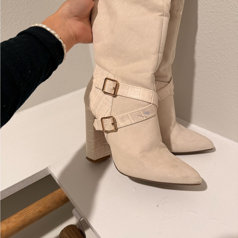 JustFab Cream Suede Pointed-Toe Knee-High Buckle Boots